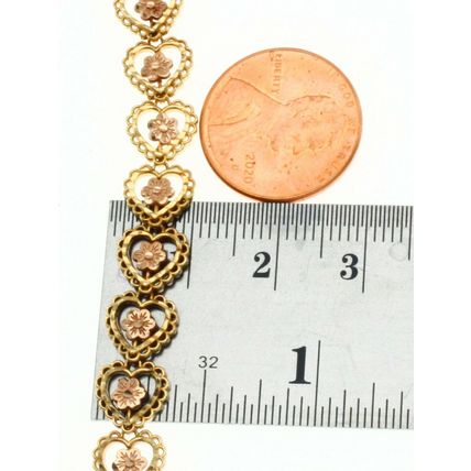 Solid 14K Gold Multi Tone Tri Color Flower in Heart Bracelet 9.9 Gr 8 Inch Long