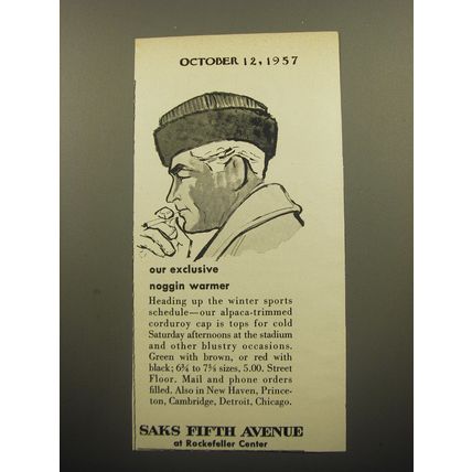 1957 Saks Fifth Avenue Codruroy Cap Ad - Our exclusive Noggin Warmer