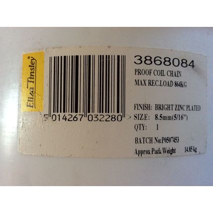 6.5m x 8.5mm Heavy Duty Steel Chain Bright Zinc Plated Welded Security Links