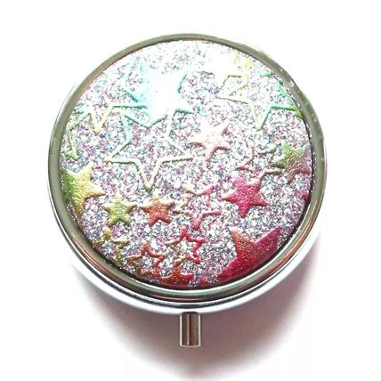 Glitter Stars Pill Box Round Pink and Blue Stars 2 CM Christmas Gift Storage