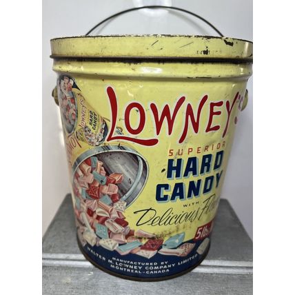 LOWNEY’S Superior HARD CANDY Tin Advertising Bucket EMPTY Collectible Tin Decor