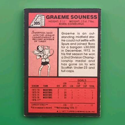 TOPPS FOOTBALL RED BACK 1977 #305 Middlesbrough Graeme Souness