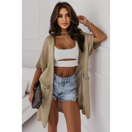 Khaki Dolman Half Sleeve Pocketed Long Cardigan