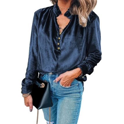 Navy Blue Frilled Neck Buttoned Front Velvet Top