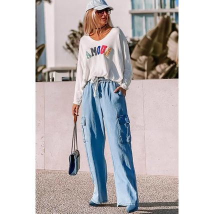 Sky Blue Drawstring High Waist Cargo Pocket Wide Leg Jeans