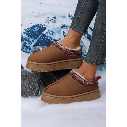 Chestnut Suede Contrast Print Round Toe Plush Lined Flats