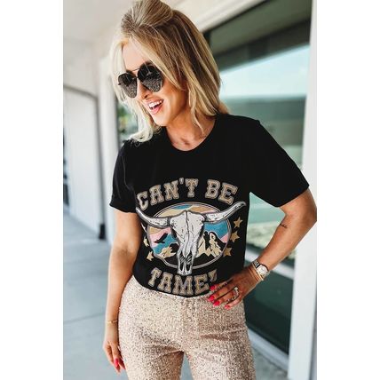 Black Western CAN'T BE TAMED Longhorn Graphic T Shirt