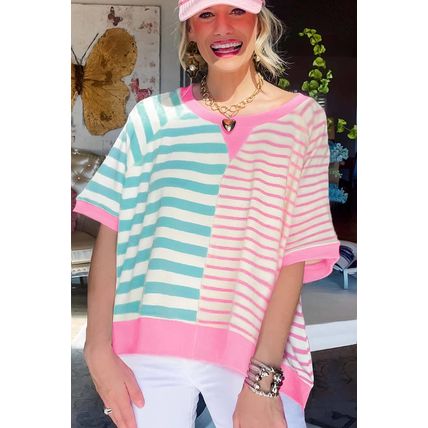 Pink Stripe Contrast Patchwork Oversized T Shirt