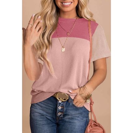 Pink Rib Textured Colorblock T Shirt