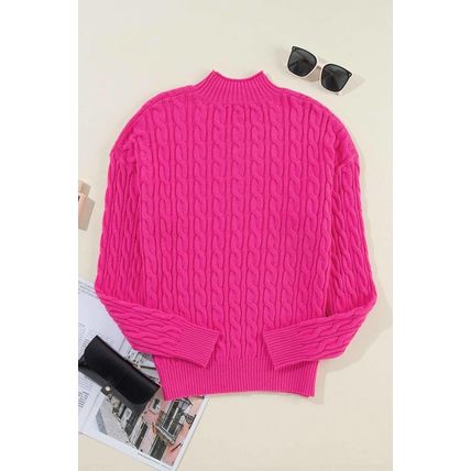 Rose Red Solid Cable Knit High Neck Drop Shoulder Sweater