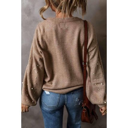 Smoke Gray Pearled Drop Shoulder Round Neck Sweater