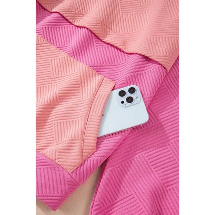 Pink Textured Color Block Kangaroo Pocket Drop Shoulder Hoodie