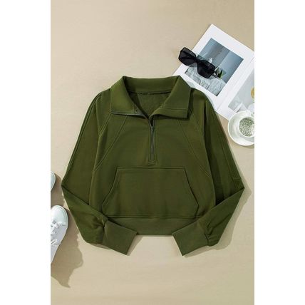Moss Green Quarter Zip Stand Neck Kangaroo Pocket Sweatshirt