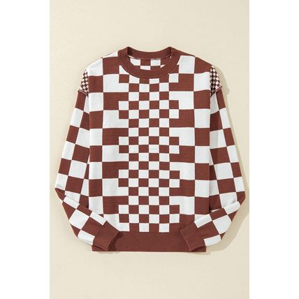 Brown Checkered Print Drop Shoulder Round Neck Sweater