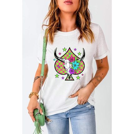 White Checkered Steer Head Spade Print Crew Neck T Shirt