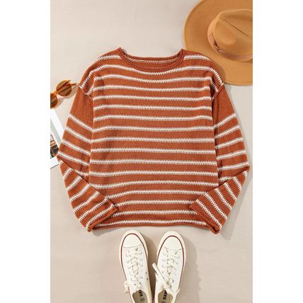 Brown Stripe Drop Shoulder Casual Sweater