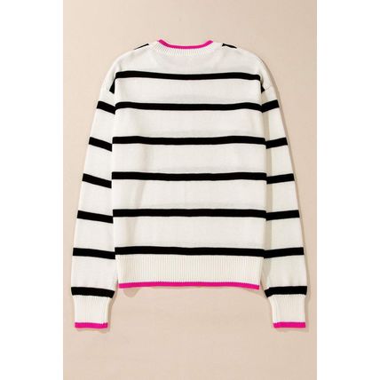 White Stripe Color Contrast Drop Shoulder Crew Neck Sweater