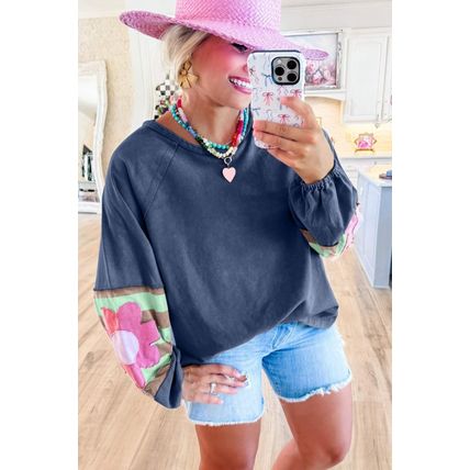 Sail Blue Flower Patchwork Raglan Sleeve Exposed Seam Oversized Top