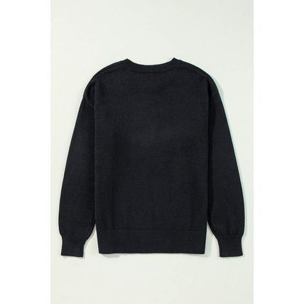 Black Boo Knitted Pattern Ribbed Edge Drop Shoulder Sweater