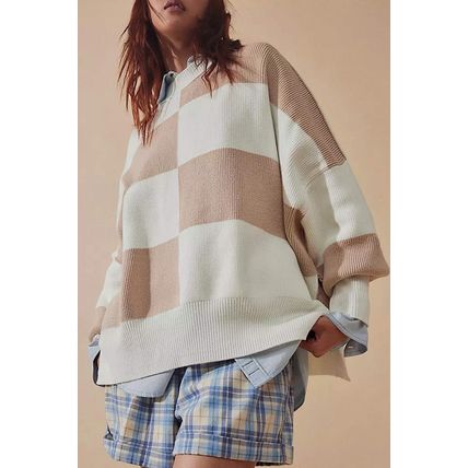 Khaki Checkered Side Slits Drop Shoulder Oversized Sweater