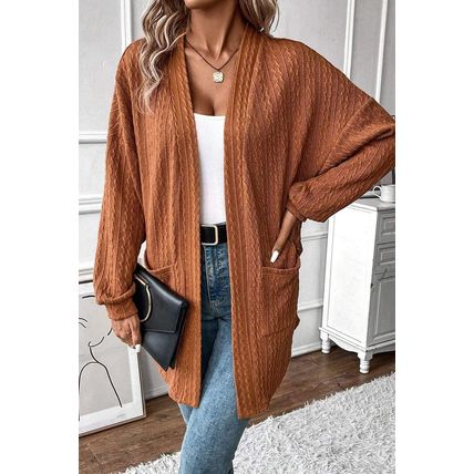 Chestnut Textured Knit Side Pockets Open Front Cardigan