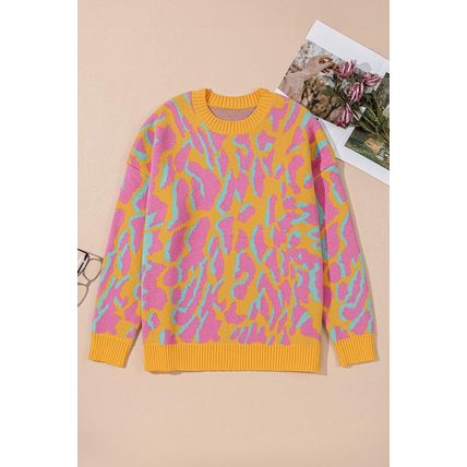 Bright Pink Plus Size Leopard Ribbed Trim Sweater