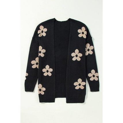 Black Floral Print Knitted Open Front Loose Cardigan