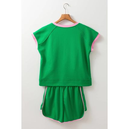 Bright Green Two Tone Contrast Textured Crewneck Tee and Shorts Set