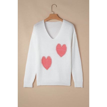 White Pearl Beaded Heart Pattern Fuzzy V Neck Sweater