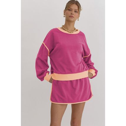 Rose Red Color Contrast Loose Pullover and Lace-up Waist Skort Set