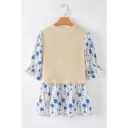 Beige Waffle Floral Patchwork Short Flounce Sleeve Peplum Blouse