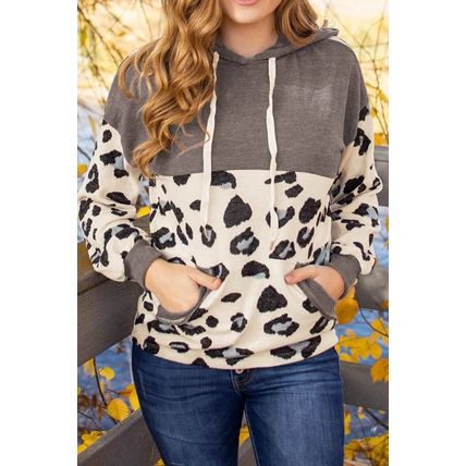 Leopard Print Color Block Pocketed Drawstring Hoodie
