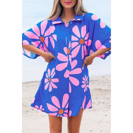 Blue Summer Flower Print Shirt Collar Button Front Loose Romper