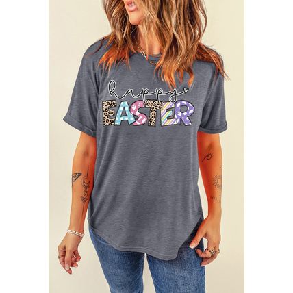 Gray Happy EASTER Lettering Graphic Crewneck Tee
