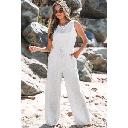 Light Grey Solid Color Crew Neck Drawstring High Waist Sleeveless Jumpsuit