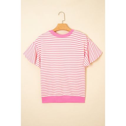 Sachet Pink Contrast Detail Striped Ruffle Short Sleeve Top