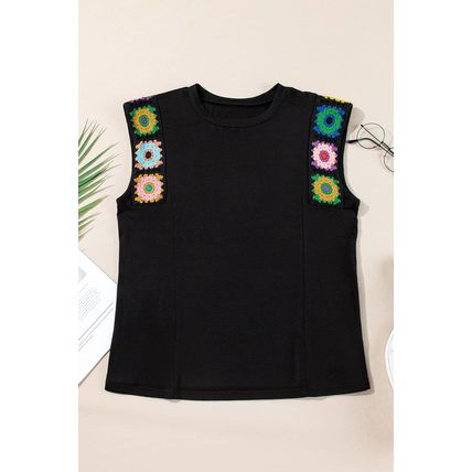 Black Floral Crochet Patched Sleeve Crew Neck Casual Tank Top