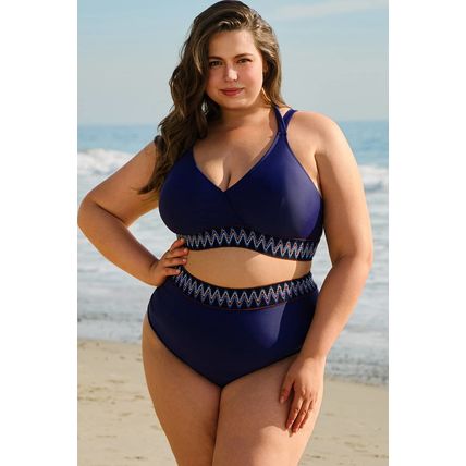 Navy Blue Embroidered Trim Wrap Tie Knot Plus Size High Waisted Bikini