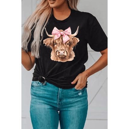 Black Bow Cow Head Graphic Western Fashion T Shirt