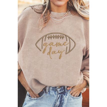 Apricot Rugby Game Day Embroidered Corduroy Sweatshirt