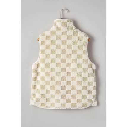 Khaki Sherpa Checkerboard Snap Button Vest Jacket With Pocket