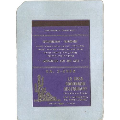 MN St Paul Matchcover La Casa Coronado Restaurant 184 East Fairfield Ave B~297