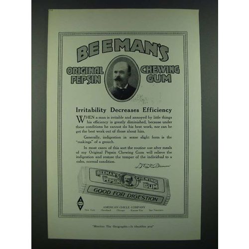 1919 Beeman's Pepsin Chewing Gum Ad - Irritability Decreases Efficiency