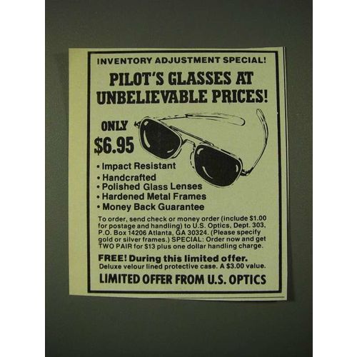 1979 U.S. Optics Pilot Glasses Ad - Inventory adjustment special!