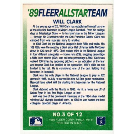 1989 Fleer All Star Team insert baseball card #3 Will Clark