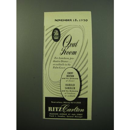 1950 Ritz Carlton Hotel Advertisement - Oval Room