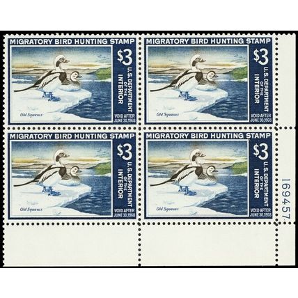 RW34, Mint NH $3 XF Duck Plate Block of Four Stamps CV $550.00 - Stuart Katz