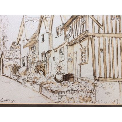 Kersey Cottages Original Pen & Watercolour Painting By Jean G. Mounted & Framed