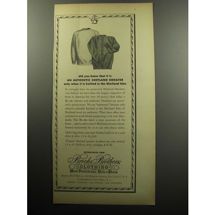 1957 Brooks Brothers Clothing Advertisement - Knitted in Shetland Isles