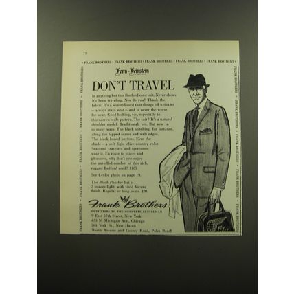 1959 Frank Brothers Ad - Fenn-Feinstein Bedford Cord Suit and Black Panther Hat